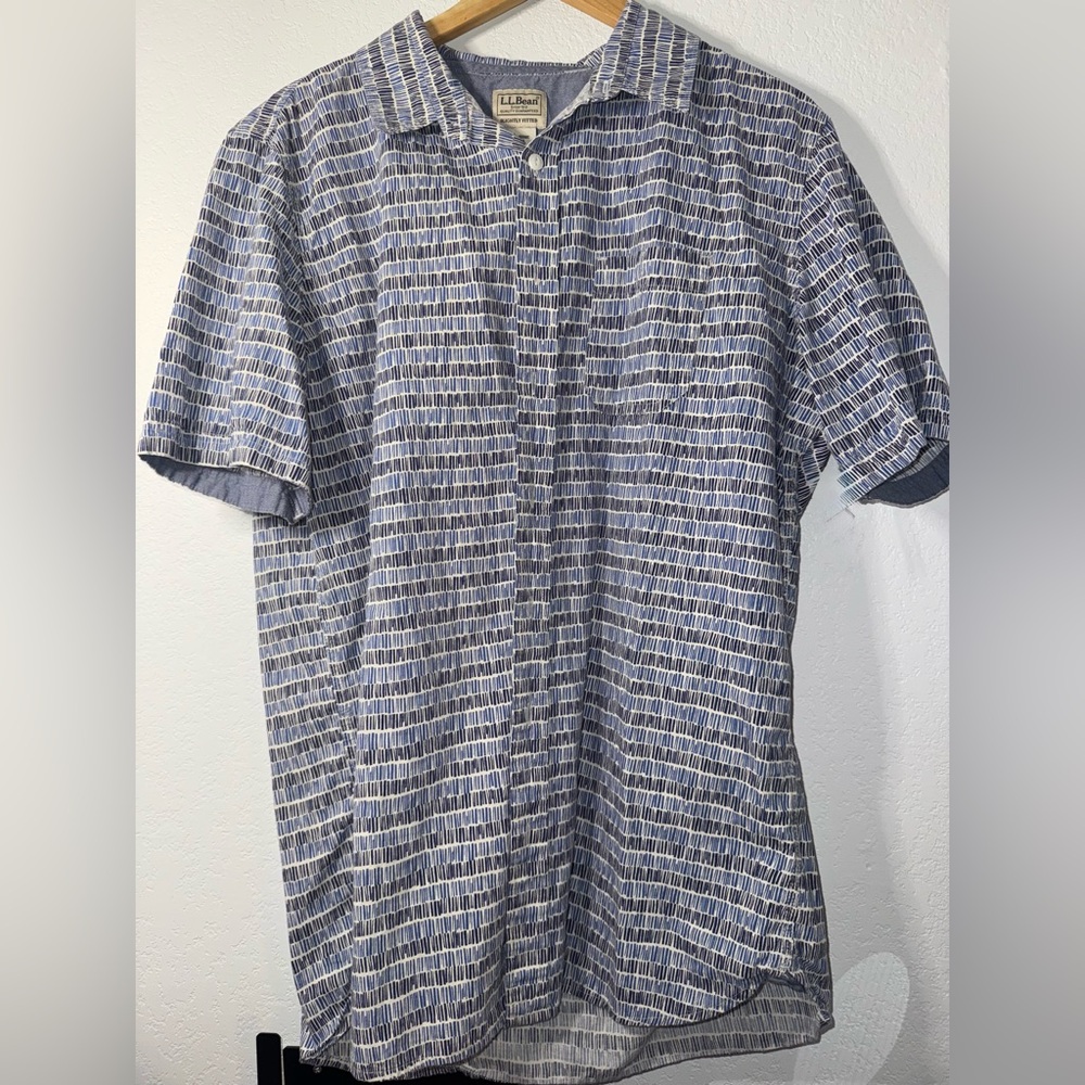 Ll bean Button Up Shirt L Tall Blue Geometric Organic Cotton Regular Aloha Mens